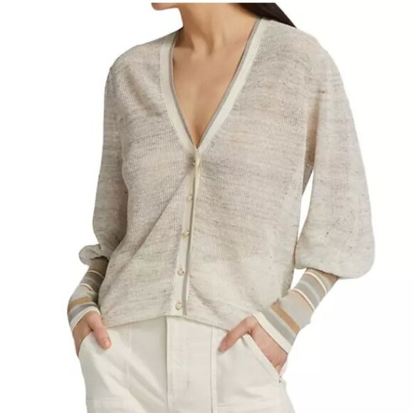 Veronica Beard Mott Linen Cardigan Beige Gray XS Designer Contrast Trim Ribbed - Picture 1 of 16